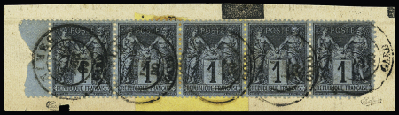 1c bleu de Prusse. Bande de 5 obl. s/fragment. BdF