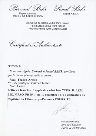 Lettre en franchise frappée du cachet bleu "COR. D.