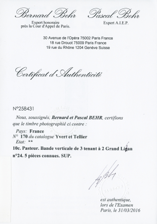 10c Pasteur. Bande verticale de 3 tenant à 2 Grand