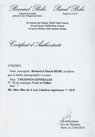 20c bleu. Bloc de 4. 2 timbre supérieurs **. SUP
