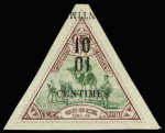 10c s/50f lilas-brun et vert. Double surcharge dont