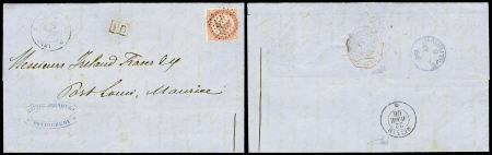 Précurseur. 80c Aigle obl losange sur lettre frappée du CàD d'Inde. PONDICHERY du 7 AVRIL 66 à destination de l'ILE MAURICE. Au verso CàD du paquebot MEINAM du 22 AVRIL 1866 et trace du CàD rouge d'ERYMANTHE. Arriv