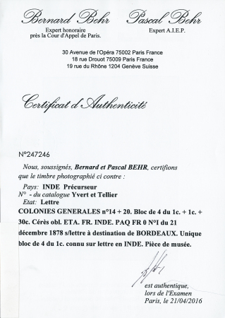 Précurseur. COLONIES GENERALES N° 14 + 20. Bloc de