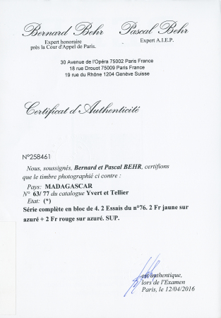 Série complète en bloc de 4. 2 essais du N° 76 2f