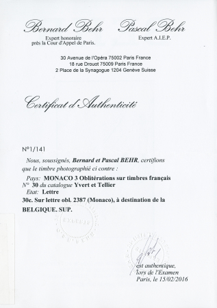 Timbre de France N° 30 30c sur lettre obl 2387 (Monaco),
