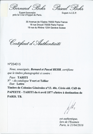 Timbre de Colonies Générales N° 13. 40c Cérès