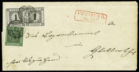 1853-58 1K Black in pair(touched) and 3k green cancelled numeral 43 on cover with boxed FREIBURG in red alongside, still fine, cert..