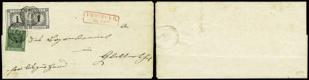 1853-58 1K Black in pair(touched) and 3k green cancelled numeral 43 on cover with boxed FREIBURG in red alongside, still fine, cert..