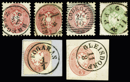 1863-64 Lot of 6 items including PRAG cancels (Yv. N° 24, 28, 29), very fine