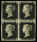1840 1d Black H-D/H-E/I-D/I-E, plate 4, in BLOCK OF FOUR, mint with original gum, (S.G. Spec. AS23). light traces of horizontal creases and small faults, very fine and rare multiple, cert.