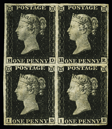 1840 1d Black H-D/H-E/I-D/I-E, plate 4, in BLOCK OF FOUR, mint with original gum, (S.G. Spec. AS23). light traces of horizontal creases and small faults, very fine and rare multiple, cert.