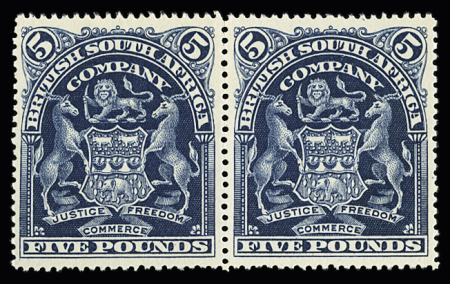 1898-1908 10£ Violet and £5 Deep blue, both values in unused pairs, very fine and rare, cert. 