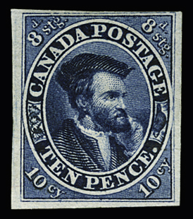 1852-57 10d Blue Jacques Cartier bleu intense. S.G. #13 10d bright blue. very fine (SG£ 9000)