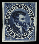 1852-57 10d Blue Jacques Cartier bleu intense. S.G. #13 10d bright blue. very fine (SG£ 9000)