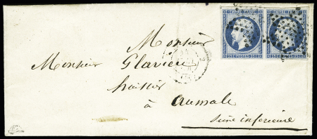 25c bleu. Paire s/lettre obl. étoile à destination