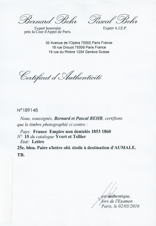 25c bleu. Paire s/lettre obl. étoile à destination