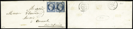 25c bleu. Paire s/lettre obl. étoile à destination