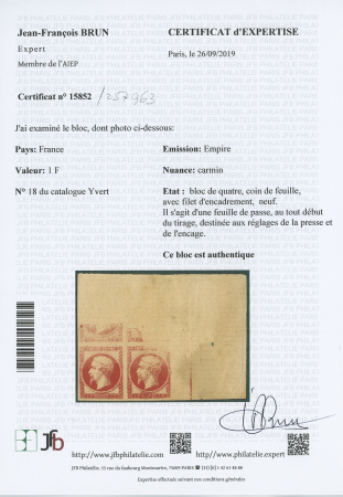 1f de l'Empire. Bloc de 4 avec filet d'encadrement.