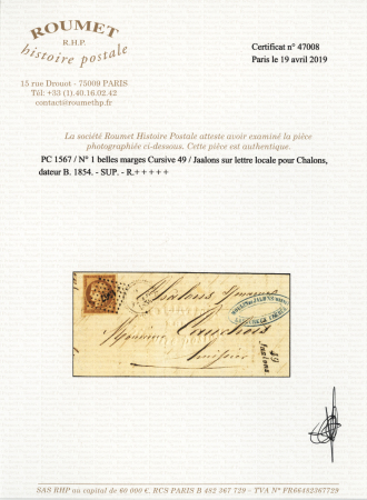 N° 1 10c bistre-jaune, bien margé, obl. PC 1567 sur