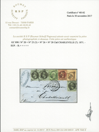 N° 20+25 (x3)+26+28 obl. GC 898 sur lettre de Charleville