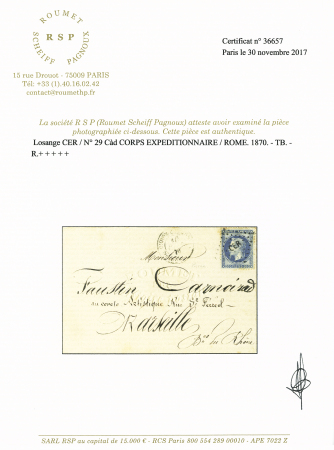 N° 29 20c Lauré obl. losange CER sur lettre du Corps
