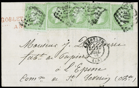 N° 35 5c vert pâle sur bleu, 5 exemplaires obl. GC 105 sur lettre d'Angouleme (Charente) 20.07.72 pour St Séverin, arr., un coin arrondi, TB, RR