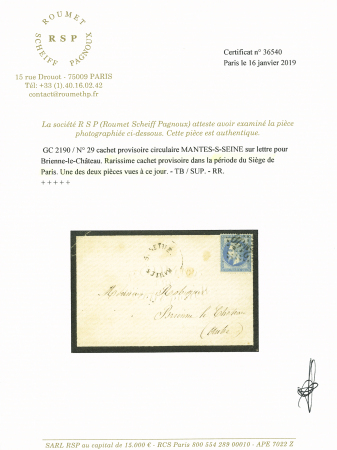 Cachet provisoire sans dateur Mantes s Seine avec n°