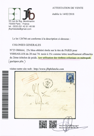 N° 23 25c bleu obl. étoile sur lettre de Paris 18.05.74