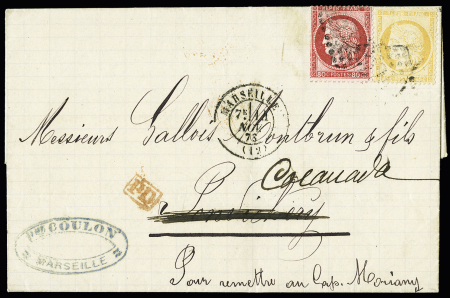N° 38+57 sur lettre de Marseille 14.11.73 pour Pondichery,