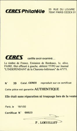 N° 39B 1c Bordeaux en paire, filet effleuré à gauche,