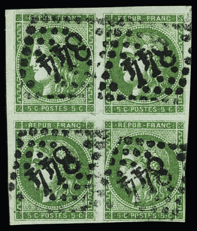 N° 42Ba 5c vert-jaune foncé en bloc de 4 obl. GC