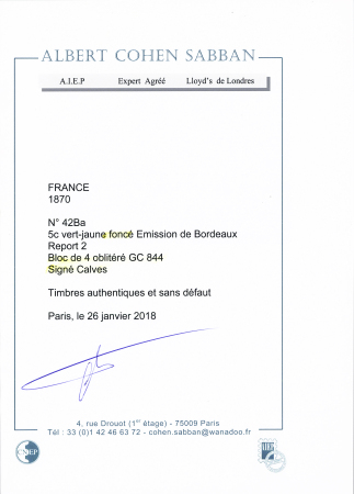 N° 42Ba 5c vert-jaune foncé en bloc de 4 obl. GC