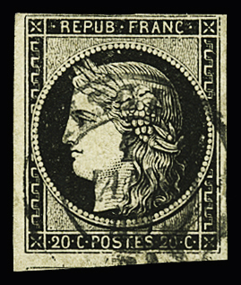 N° 3 20c noir obl. T15 du 1er janvier 1849, TB. Signé