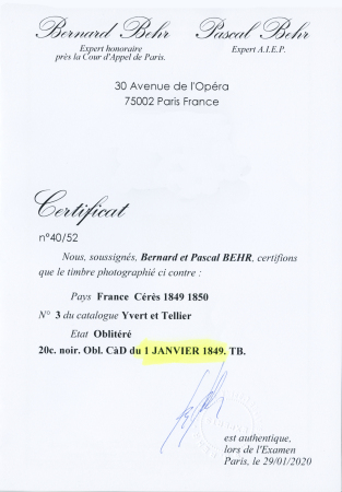 N° 3 20c noir obl. T15 du 1er janvier 1849, TB. Signé