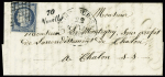N° 4 25c bleu obl. grille sur lettre avec cursive