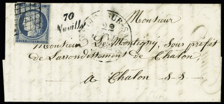 N° 4 25c bleu obl. grille sur lettre avec cursive