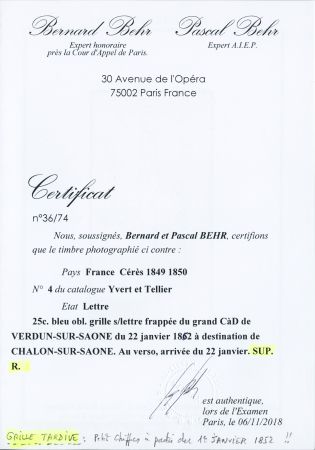 N° 4 25c bleu obl. grille sur lettre avec cursive