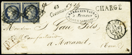 N° 4 25c bleu en paire sur lettre chargée avec cursive