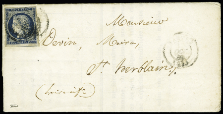 N° 4 25c bleu obl. càd T15 Nantes 01.10.50 sur lettre