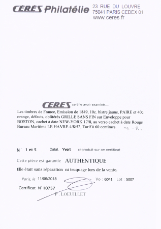 N° 5 +1 40c orange +10c bistre-jaune en paire, obl.