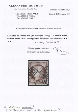 N° 6b 1F carmin foncé, déf., avec rarissime cachet