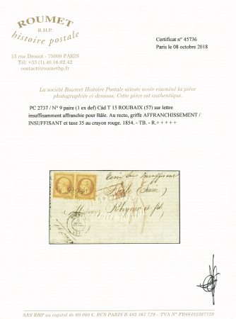 N° 9 10c bistre-jaune en paire, au filet à gauche,