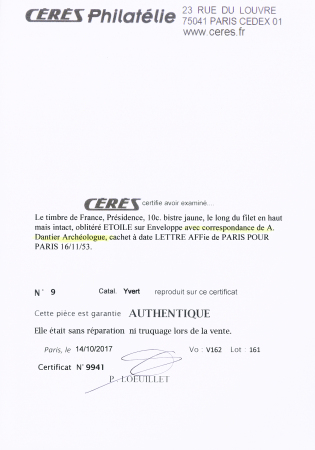 N° 9 10c bistre-jaune, au filet en haut, sur enveloppe