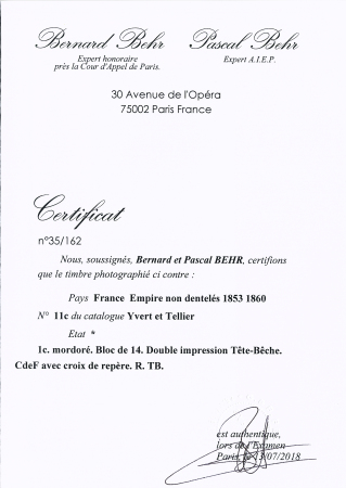 N° 11c 1c mordoré, Essai avec double impression dont