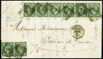 N° 12 5c vert en bande de six +paire sur lettre de