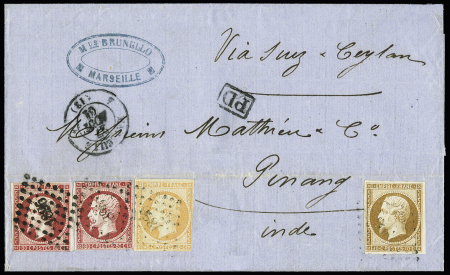 N° 13+16+17(x2) sur lettre de Marseille 1861pour Penang