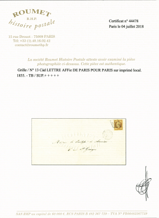 N° 13 obl. grille sur imprimé local avec càd Lettre