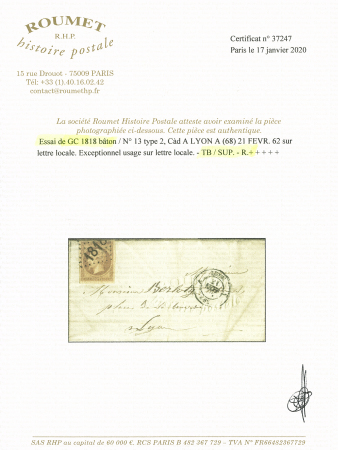 Essai de GC 1818 bâton sur n° 13 sur lettre de Lyon
