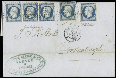 N° 14Af 10c bleu laiteux, bande de 3 + 2 isolés sur