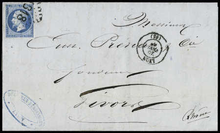 N° 14 20c bleu obl. cachet d'essai 1818 baton de Lyon
